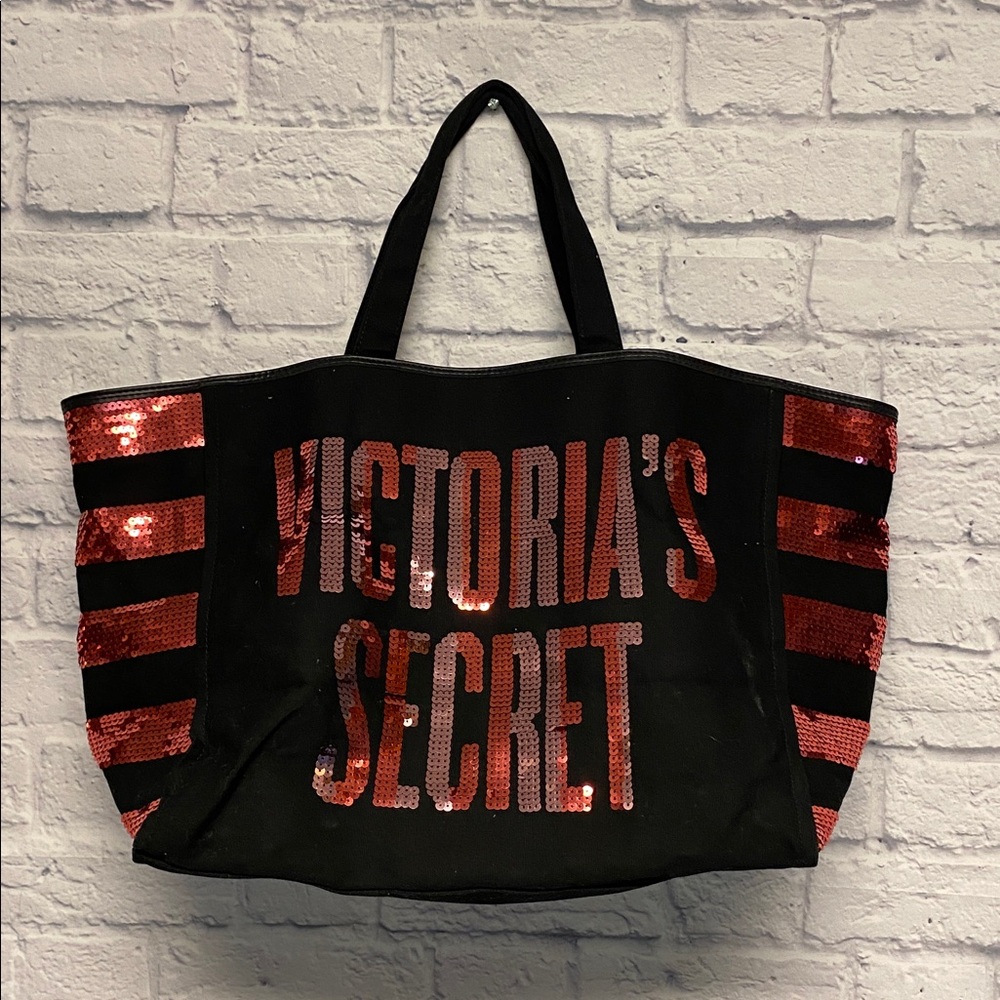 Victoria's Secret Black and Red Striped Sequin Large Tote